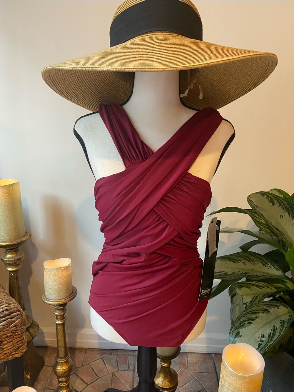 Miraclesuit Burgundy Cross-Front Ruched Bodysuit